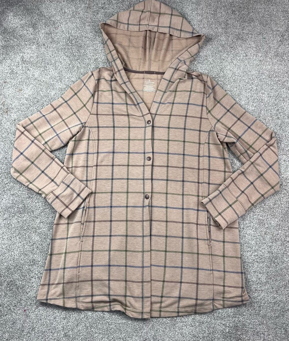 Cuddl Duds Comfortwear Tan plaid tunic hooded shirt size L